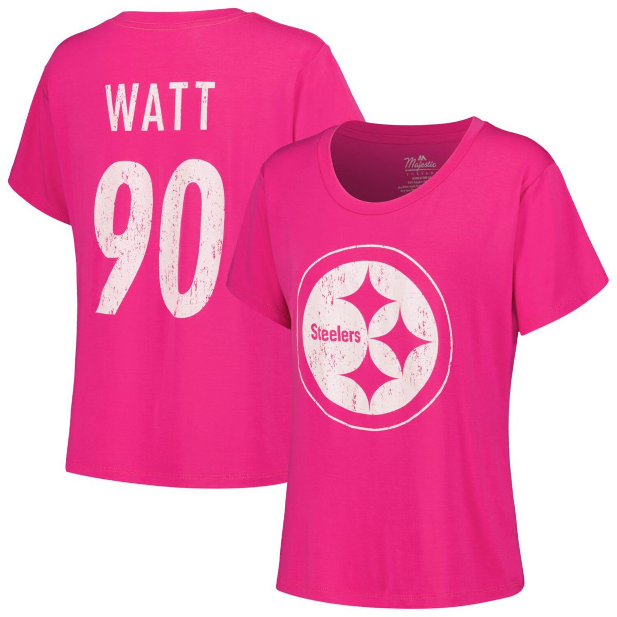 Женская розовая футболка с номером 90 и именем T.J. Watt Pittsburgh Steelers Majestic