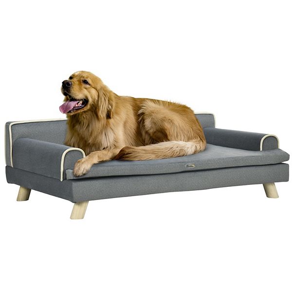 PawHut Pet Sofa for Large, Medium Dogs, Dog Couch with Water-resistant Fabric, Wooden Legs, Washable Cushion, Grey, 39&#34; x 24.5&#34; x 12.5&#34; PawHut