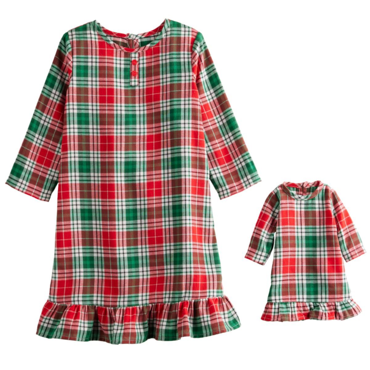 Jammies For Your Families® для девочек 4–16 лет: фланелевая ночная рубашка в клетку и кукольный пижамный комплект Merry & Bright Jammies For Your Families