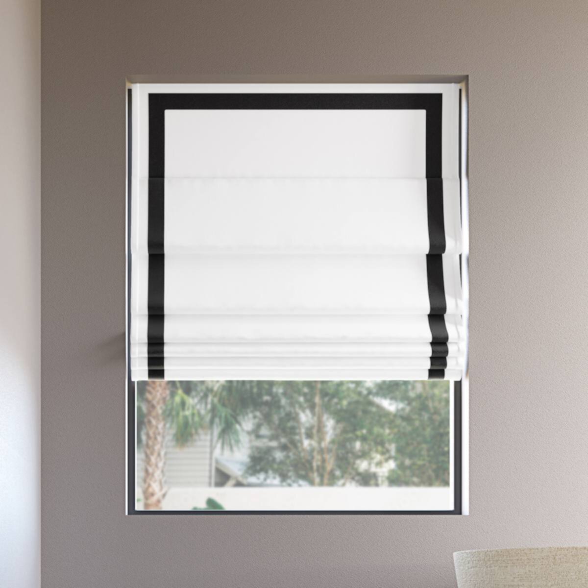 Sun Zero Olander Black Ribbon Border 100% Blackout Cordless Roman Shade Sun Zero