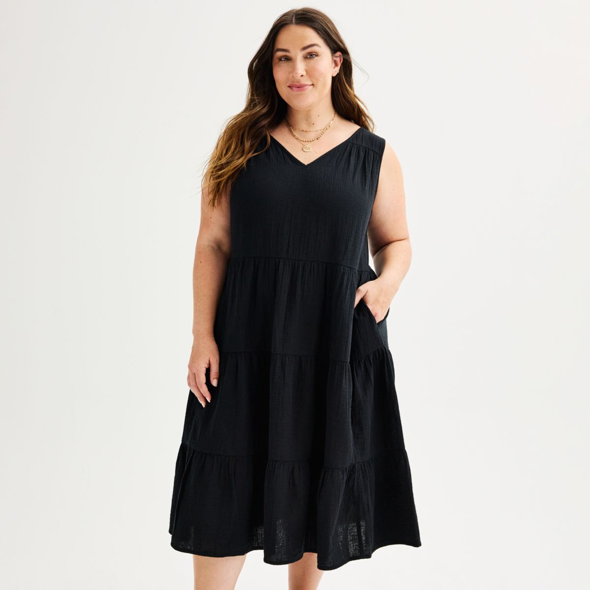 Платье миди Plus Size SONOMA из хлопка с V-образным вырезом и двухслойным подолом Sonoma