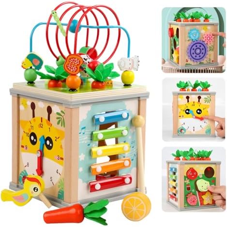 Деревянный кубик Aozzy 7-в-1 для малышей 1–4 лет, игрушка Монтессори с часами-жирафом, механизм для ксилофона, консервная банка, обучение координации рук и глаз, мелкая моторика, подарок на день рождения для малыша Aozzy
