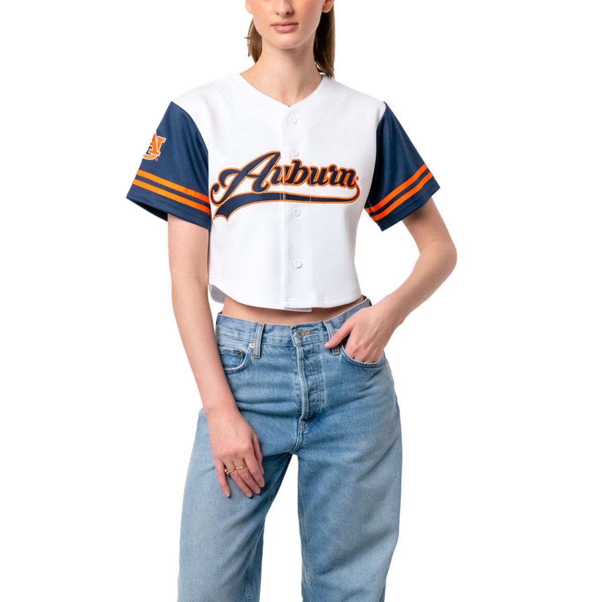 Женская укороченная футболка из бейсбольного джерси из белого темно-рыжего принта с надписью «Основная компания & Co.» Established & Co