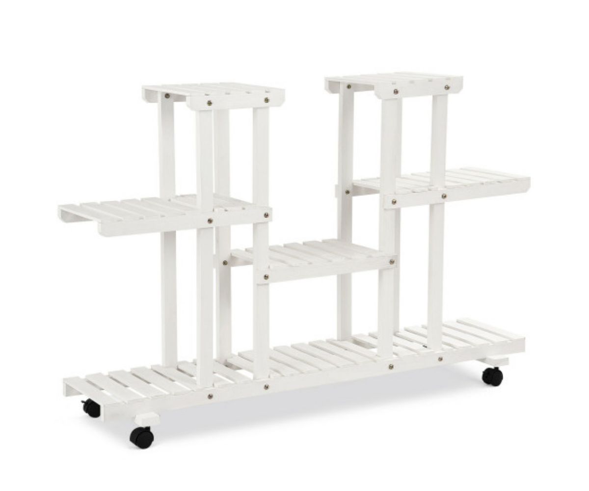 4-Tier Wood Casters Rolling Shelf Plant Stand Slickblue