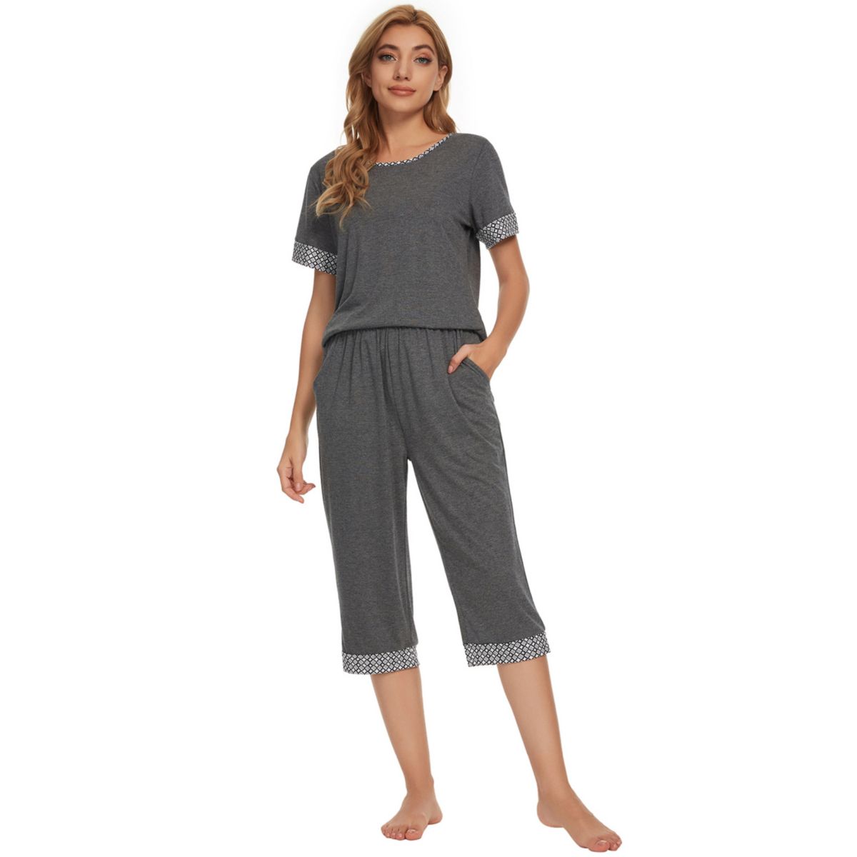 Женский пижамный комплект с круглым вырезом и капри, повседневная пижама для отдыха и сна Cheibear