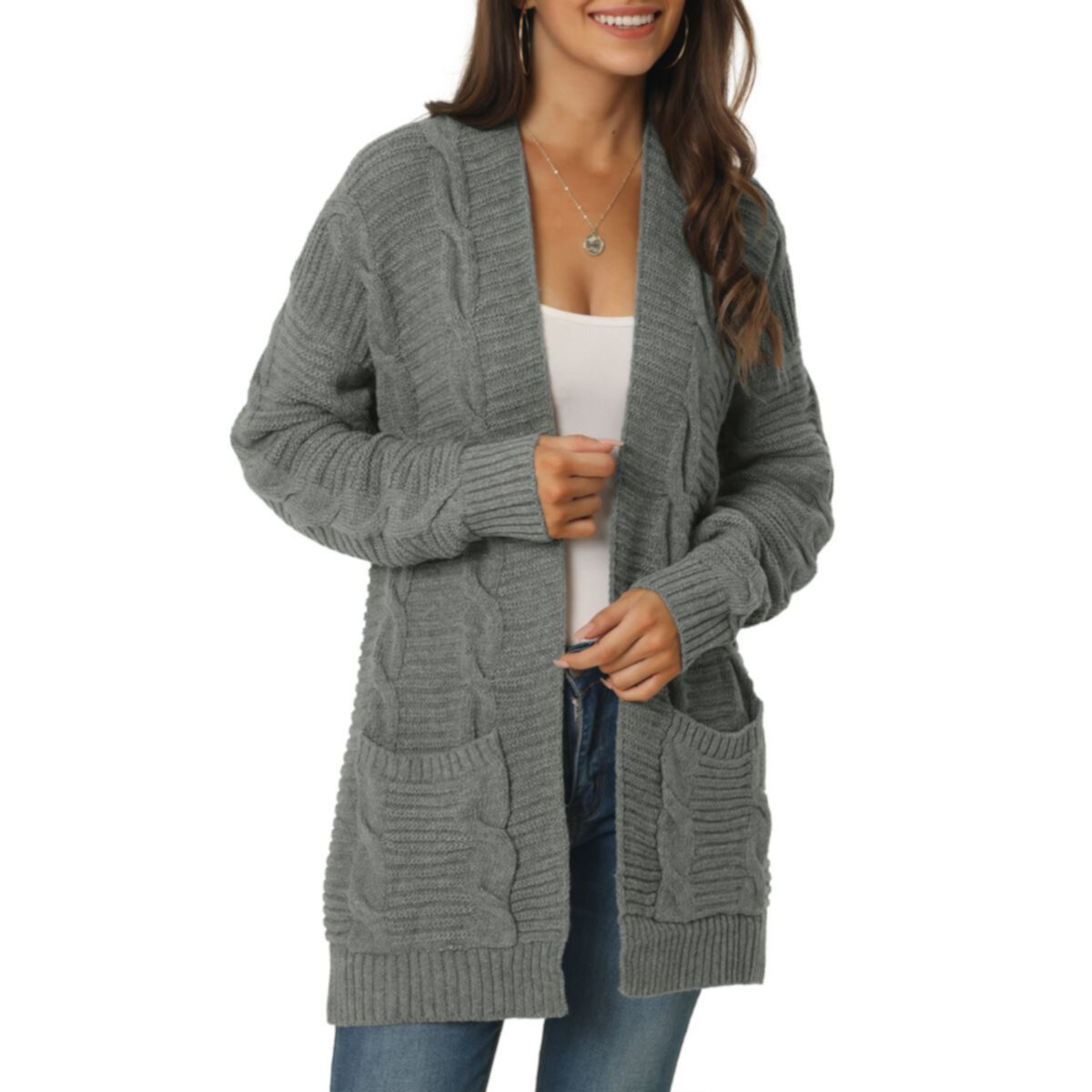 Женская осенне-зимняя вязаная верхняя одежда с длинными рукавами, пальто, свитер с открытой передней частью, кардиган с карманами Seta T