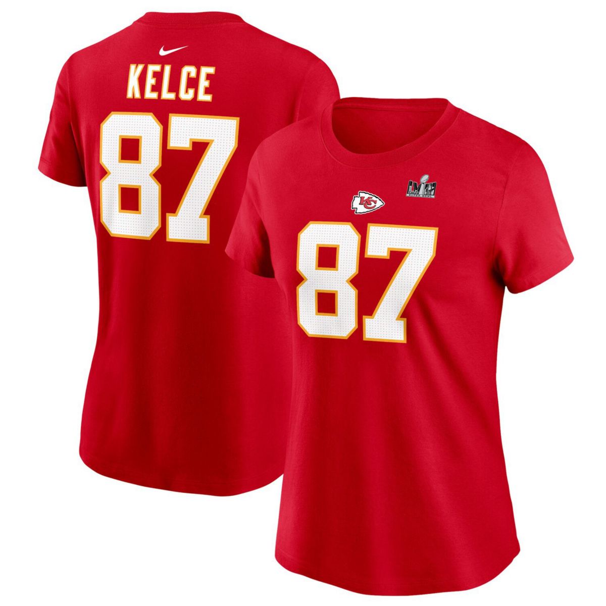 Женская Футболка Nike Travis Kelce Red Kansas City Chiefs Super Bowl LVIII Patch Player Name & Number Nitro USA