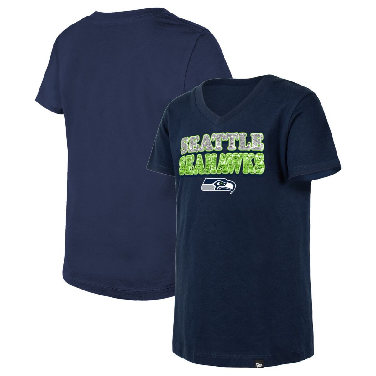 Молодежная футболка New Era College Seattle Seahawks с v-образным вырезом и обратными пайетками New Era