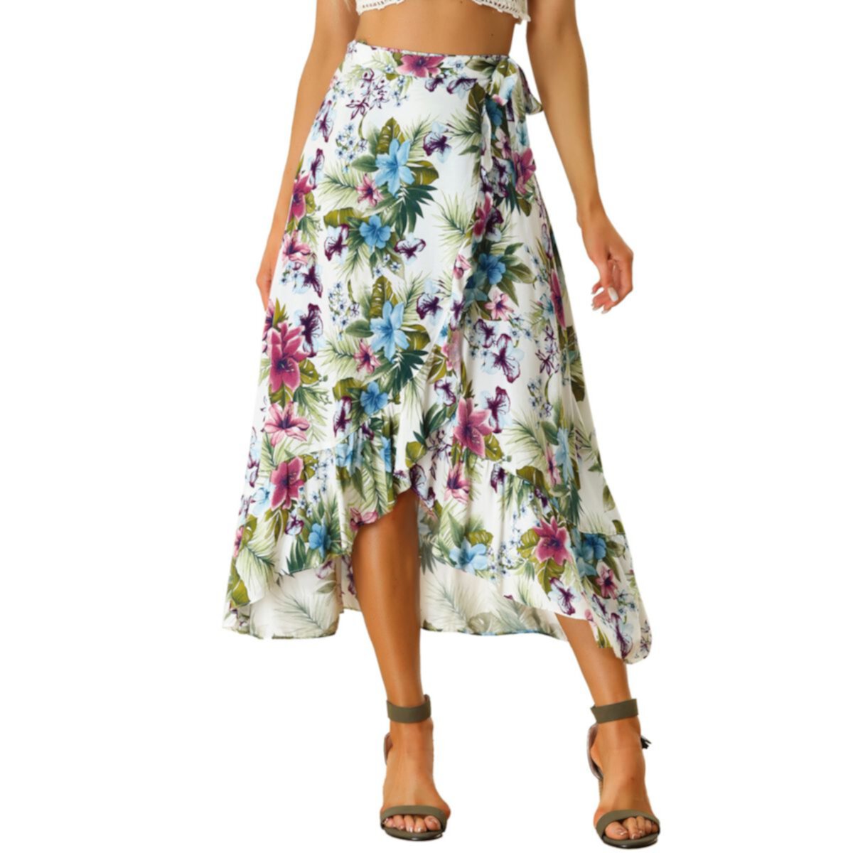 Женская пляжная юбка-миди с оборками и узлом с цветочным принтом и разрезом на пляже ALLEGRA K