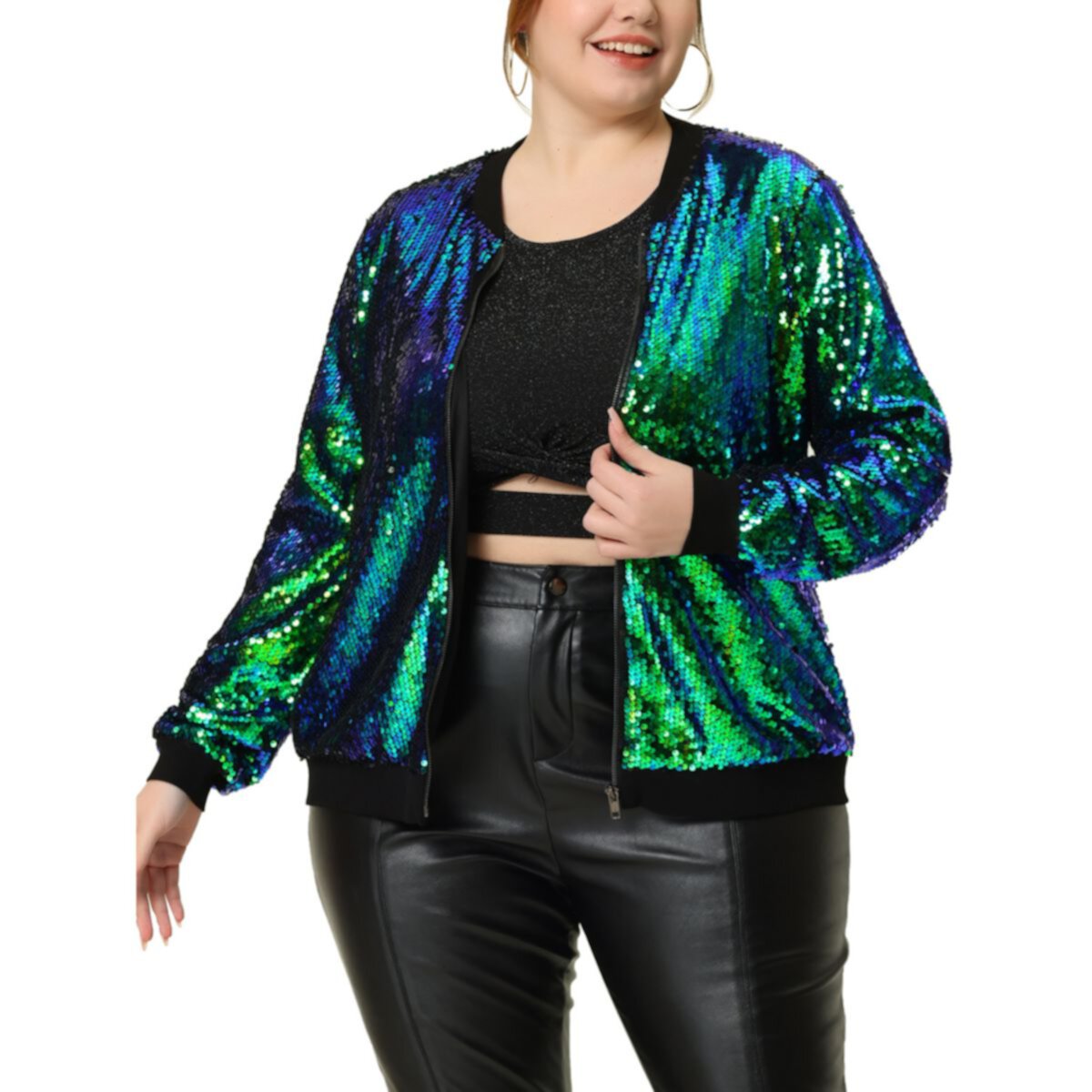 Women's Plus Size Metallic Sequin Sparkle Zip Bomber Jacket Agnes Orinda