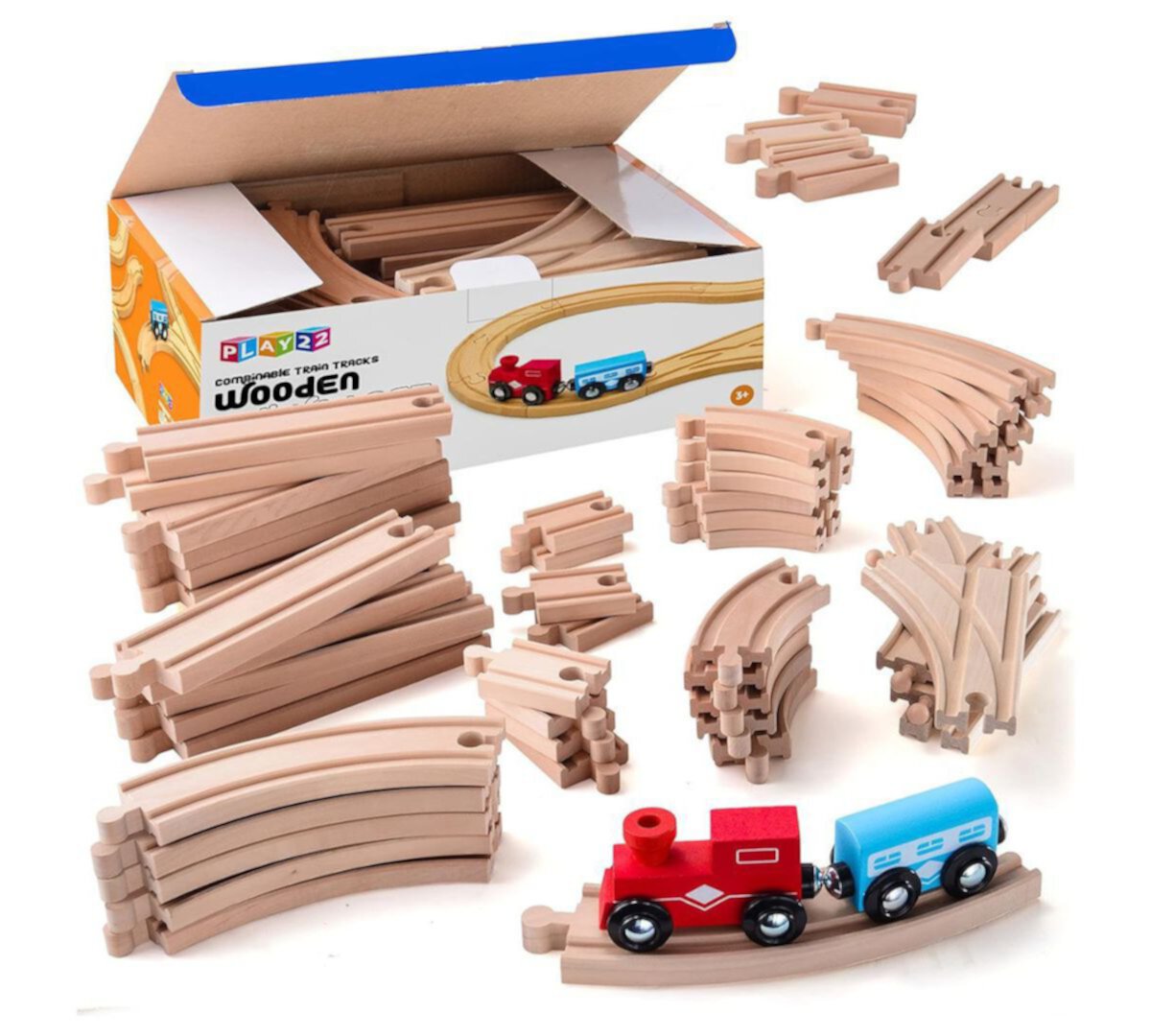 52 PCS Wooden Train Tracks Set + Toy Trains - Wooden Train Sets for Kids Play22