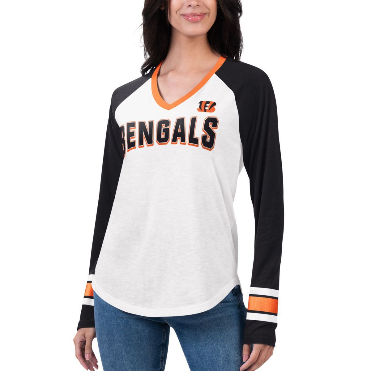 Женская Футболка G-III 4Her от Carl Banks Бело-Черная Cincinnati Bengals Top Team Raglan V-Образный Длинный Рукав In The Style