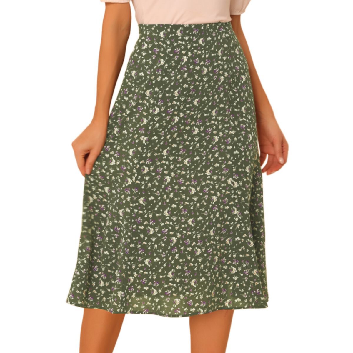 Women's Peasant Elastic Waist A-Line Leave Print Midi Skirt ALLEGRA K