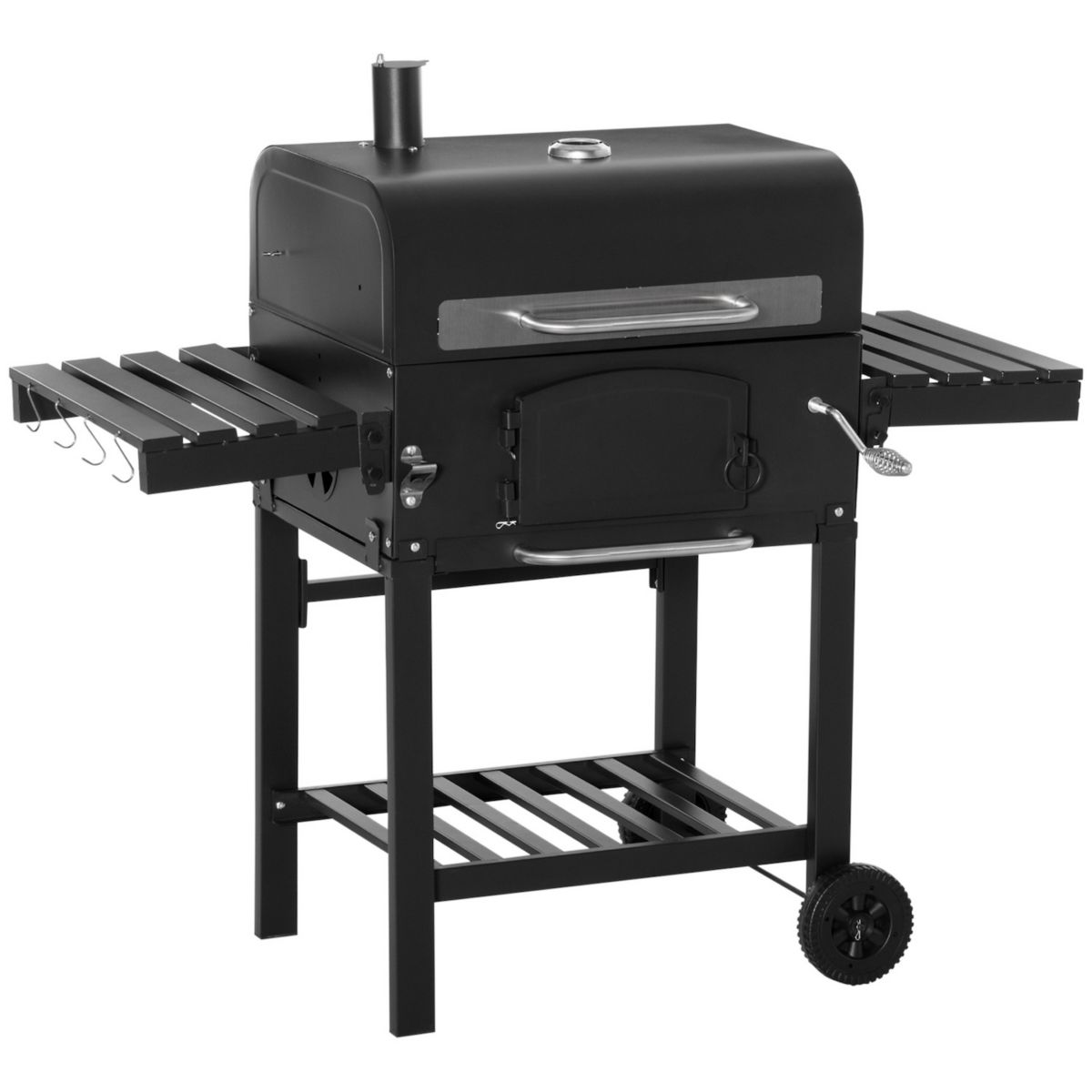 Outsunny Charcoal Grill BBQ with Adjustable Charcoal Height, Portable Barbecue Smoker with Folding Shelves, Thermometer, Bottle Opener, and Wheels for Outdoor Camping, Picnic, Patio and Backyard Outsunny