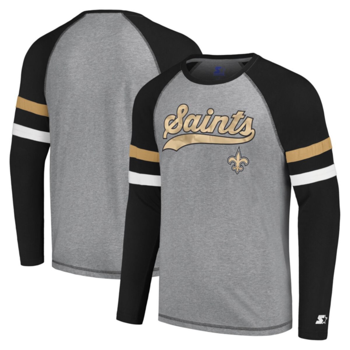 Мужская стартовая серая/черная футболка New Orleans Saints Kickoff реглан с длинными рукавами Starter