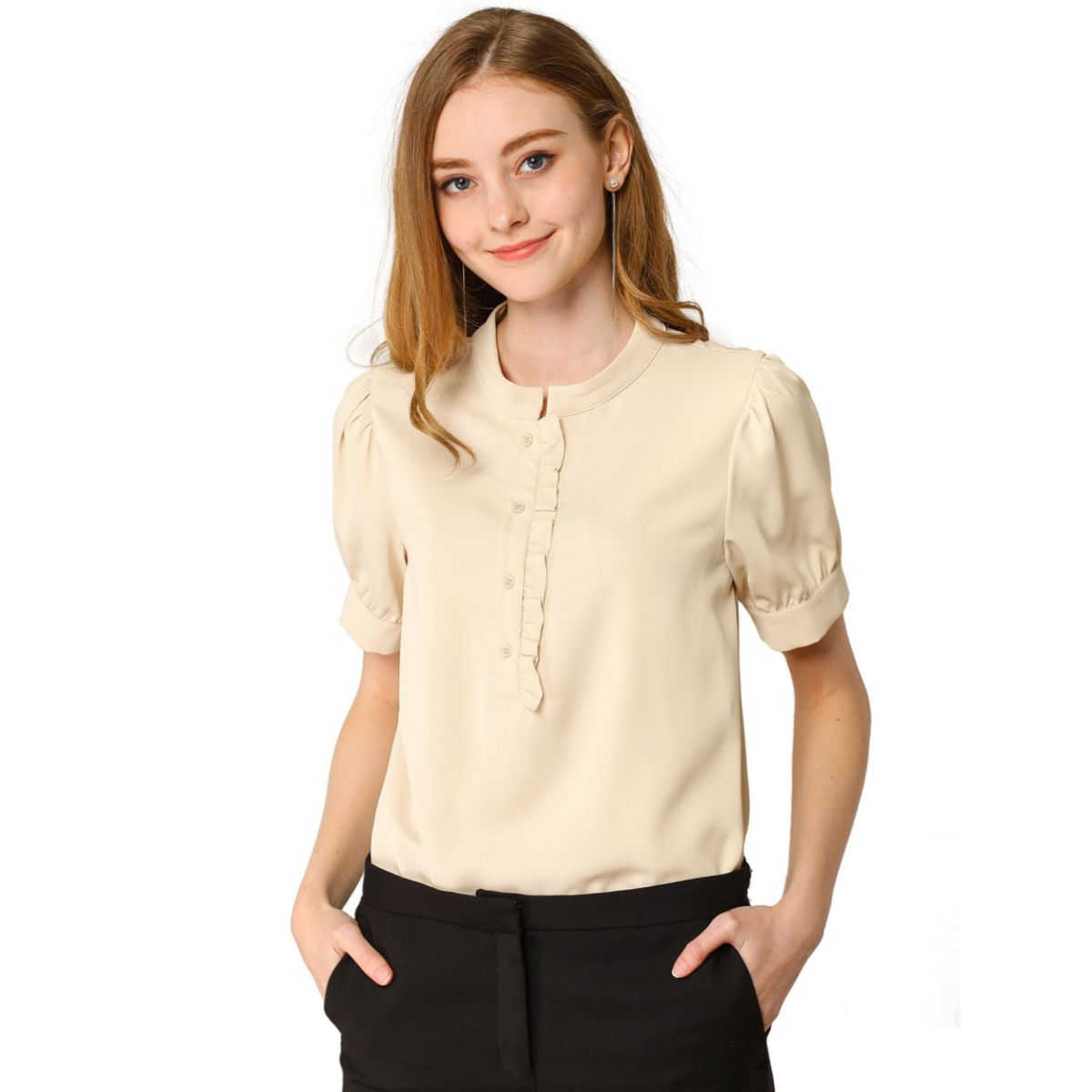 Женская рабочая офисная блузка с полупланкой и оборками на рукавах-фонариках, топы ALLEGRA K