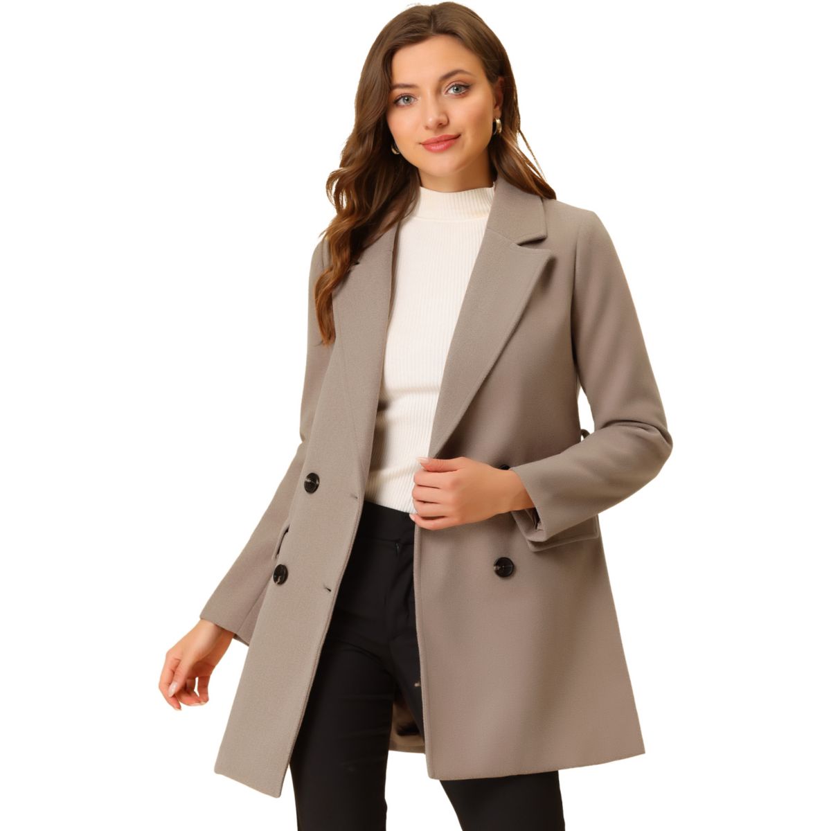 Women's Notch Lapel Double Breasted Belted Mid Length Trenchcoat ALLEGRA K