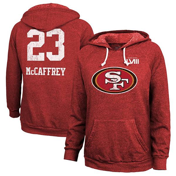 Женская Футболка Majestic Threads Christian McCaffrey Красный San Francisco 49ers Super Bowl LVIII Name & Number Tri-Blend Пуловер Majestic Threads