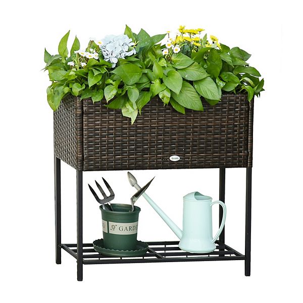 Pe Rattan Outdoor Raised Flower Garden Planter Bed Box W/ Storage Shelf, Black Outsunny