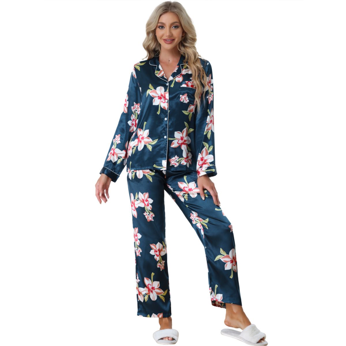 Women's Pajama Set Soft Satin Silky Floral Printed Button Down Shirt and Pants Sleepwear 2pcs Cheibear