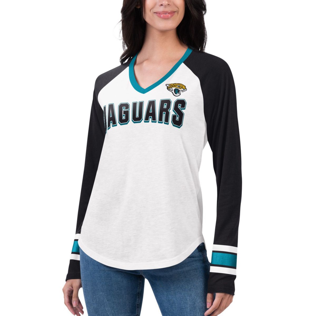 Женская Футболка G-III 4Her by Carl Banks Бело-Черная Jacksonville Jaguars Top Team Raglan С Длинным Рукавом In The Style