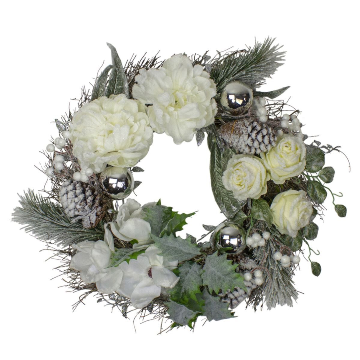 White and Silver Floral Flocked Pine Artificial Grapevine Christmas Wreath - 24-Inch  Unlit Christmas Central