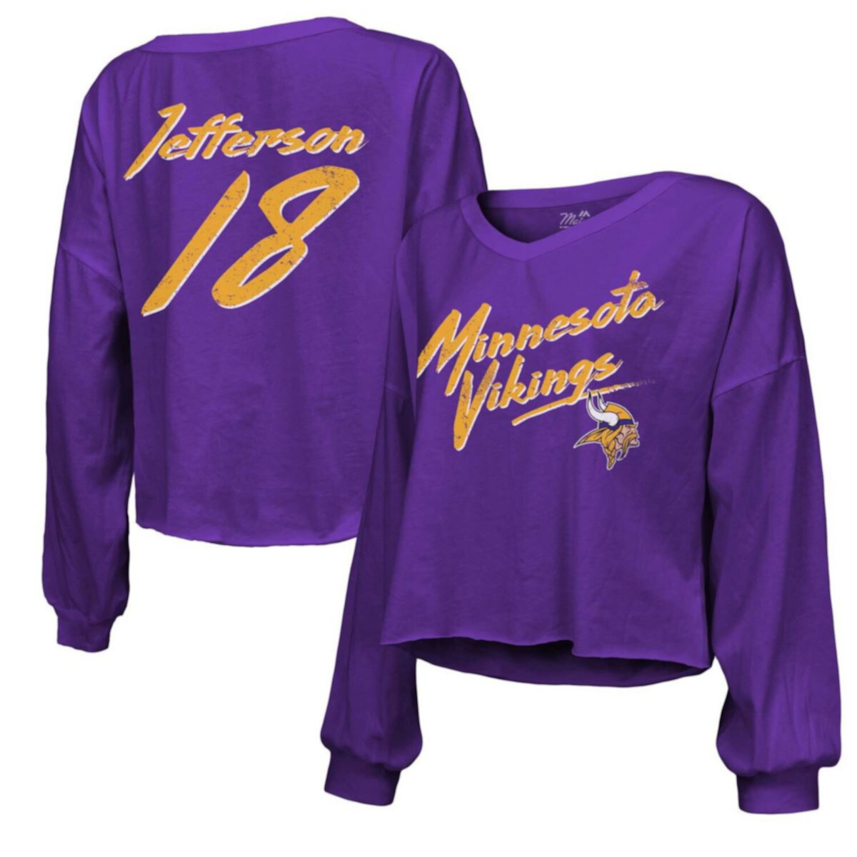 Женская укороченная футболка с открытыми плечами и надписью Majestic Threads Justin Jefferson Purple Minnesota Vikings с v-образным вырезом и длинными рукавами Majestic Threads