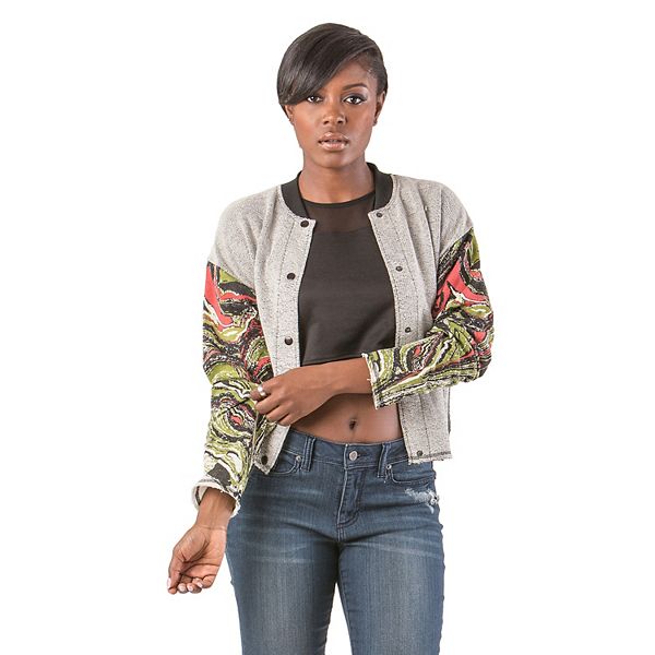 Poetic Justice Curvy Women's French Terry Marble Printed Baseball Jacket Raw-edge cuff & Hem Poetic Justice