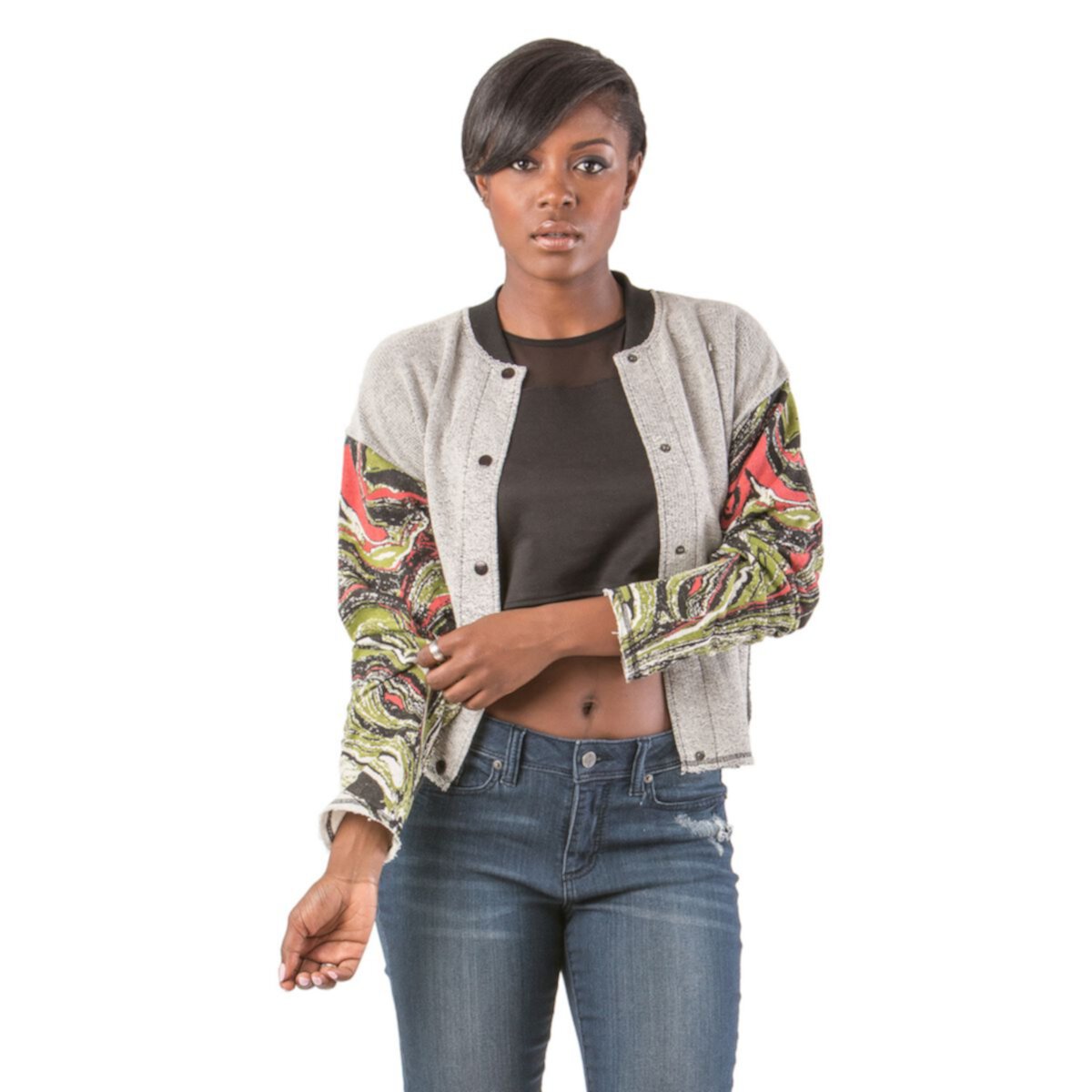 Poetic Justice Curvy Women's French Terry Marble Printed Baseball Jacket Raw-edge cuff & Hem Poetic Justice
