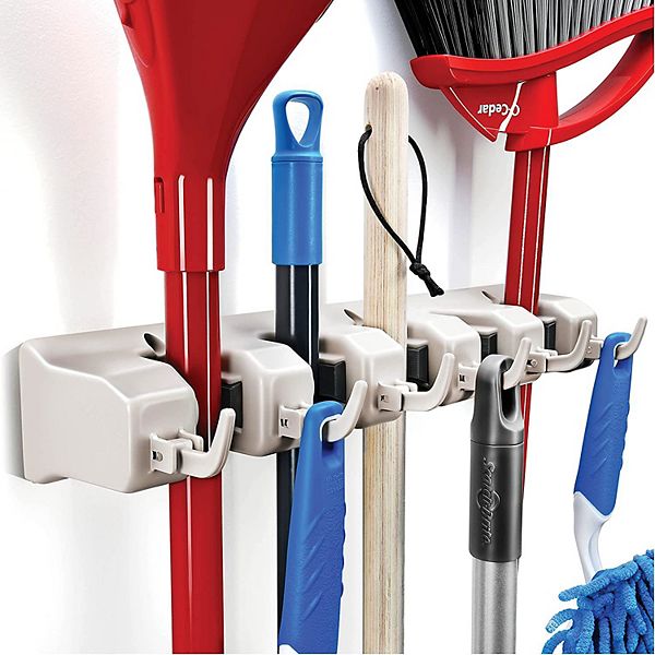 Mop And Broom Holder with 5 Slots, 6 Hooks, 7.5lbs Capacity Per Slot - Tool Organizer Off-White Home I