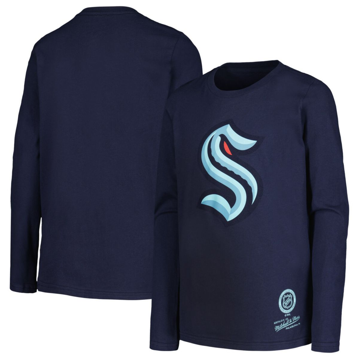 Молодежная темно-синяя футболка с длинным рукавом и логотипом Mitchell & Ness Seattle Kraken Throwback Unbranded