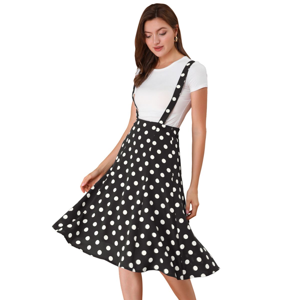 Women's Polka Dots Overall Flared Adjustable Straps Suspender Skirts ALLEGRA K