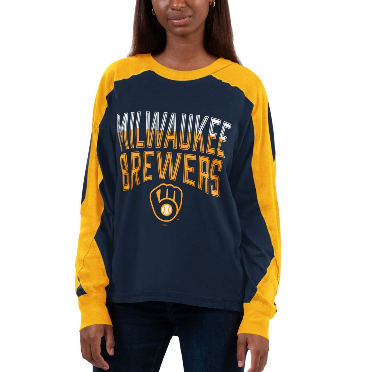 Women's G-III 4Her by Carl Banks Navy/Gold Milwaukee Brewers Smash Raglan Long Sleeve T-Shirt In The Style