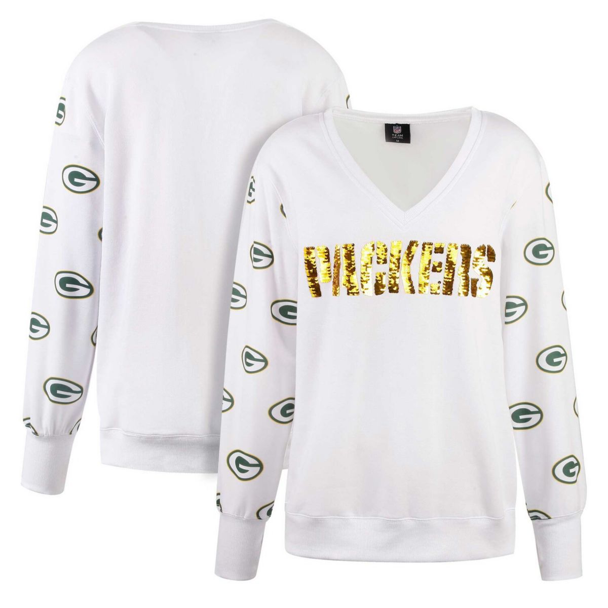 Женская футболка Cuce White Green Bay Packers из флиса с пайетками и v-образным вырезом Cuce