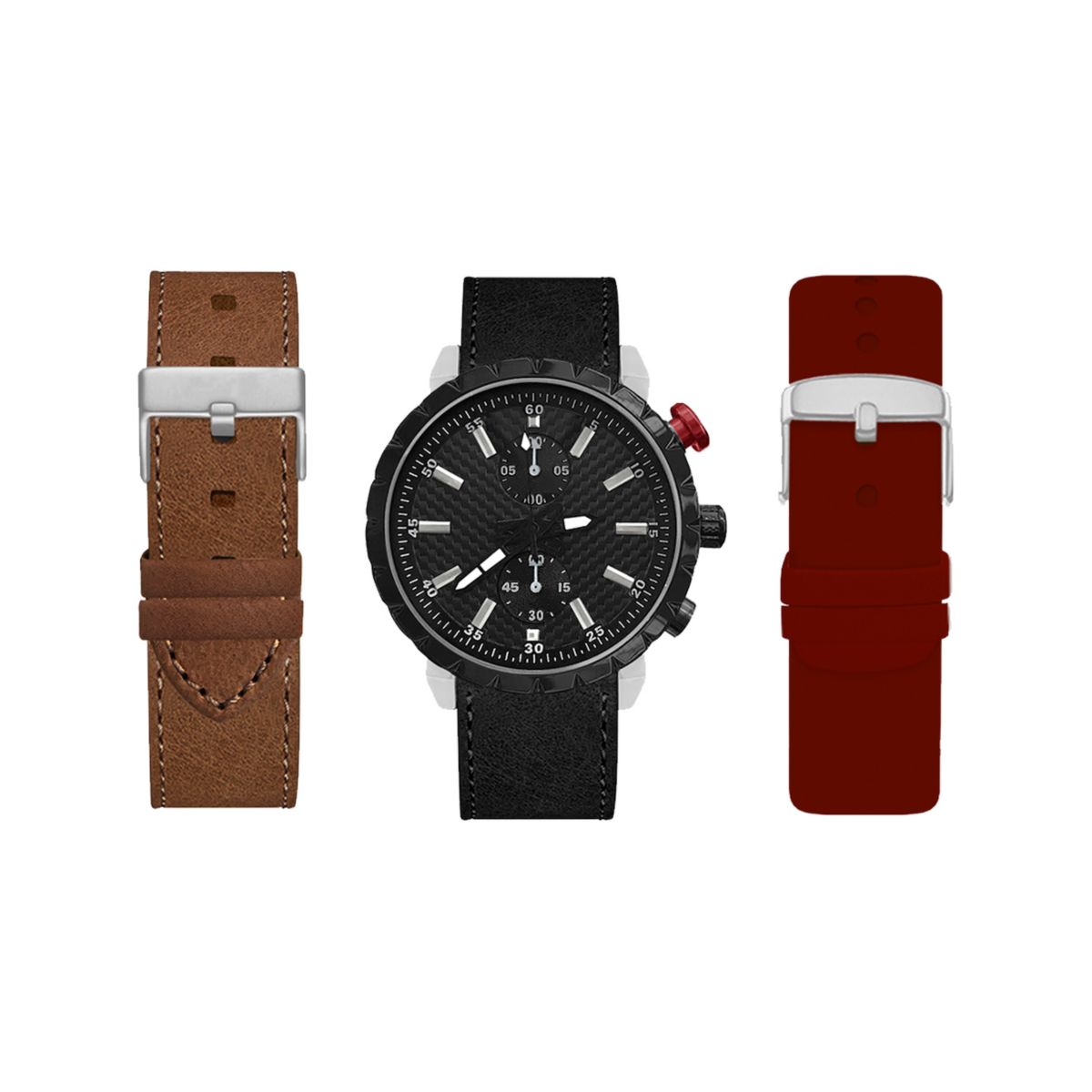 American Exchange Men's Black Watch with Burgundy, Brown, and Black Interchangeable Straps American Exchange