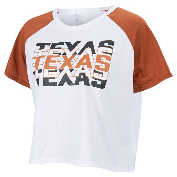 Women's ZooZatz White Texas Longhorns Colorblock Repeat Raglan Cropped T-Shirt ZooZatz