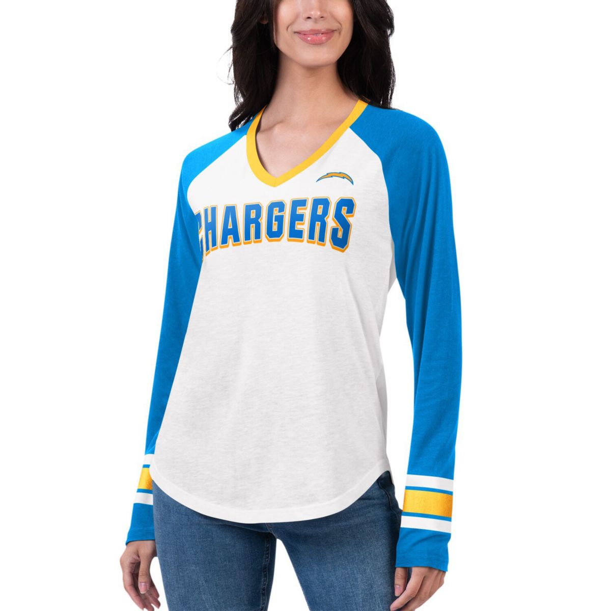 Женская Футболка G-III 4Her by Carl Banks Белая/Голубая Los Angeles Chargers Top Team Raglan V-Neck Длинный Рукав In The Style