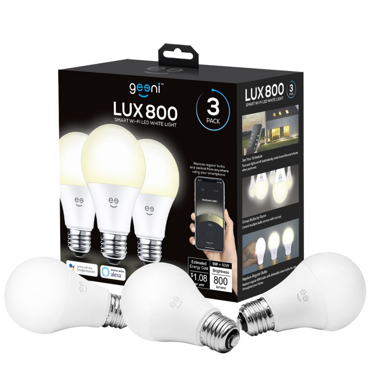 Geeni LUX 800 Warm White A19 E26 Smart LED Bulb 3-Pack Set Geeni