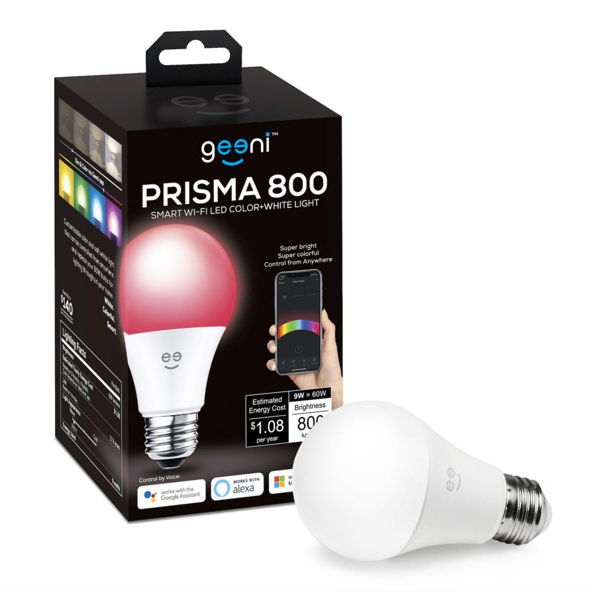 Geeni Prisma 800 60W Equivalent Color and Warm White Dimmable White A21 E26 Smart LED Light Bulb Geeni
