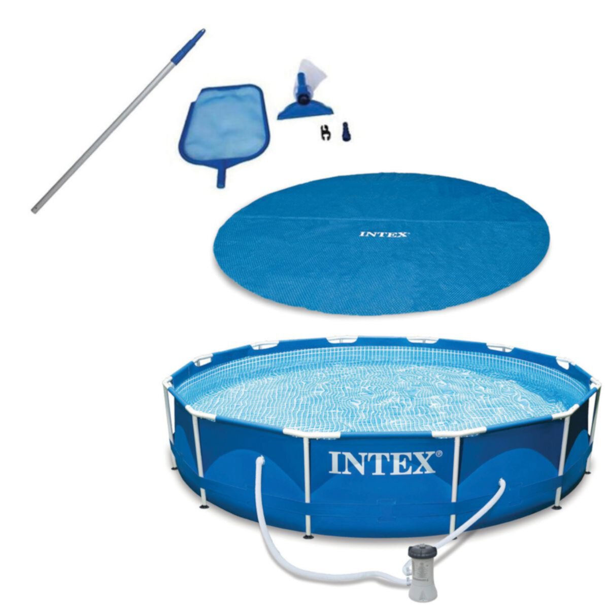 Intex 12 Ft Pool Cover Tarp, Pool Cleaning Kit, and Above Ground Swimming Pool Intex