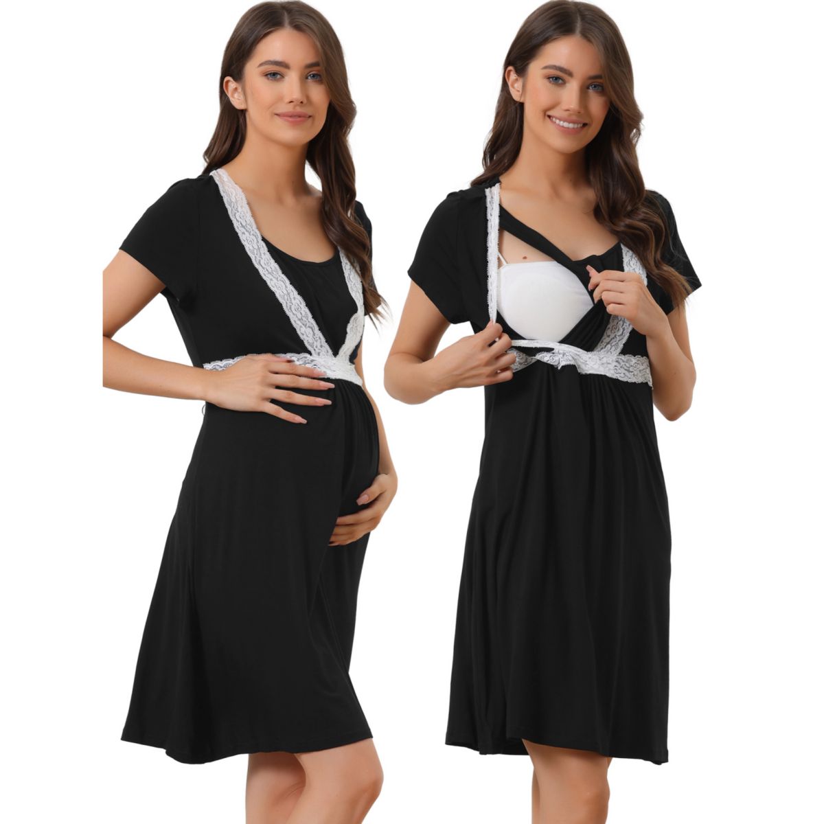 Women's Lace Short Sleeve Soft Nightgown Maternity Knee Length Sleep Nightshirt Cheibear