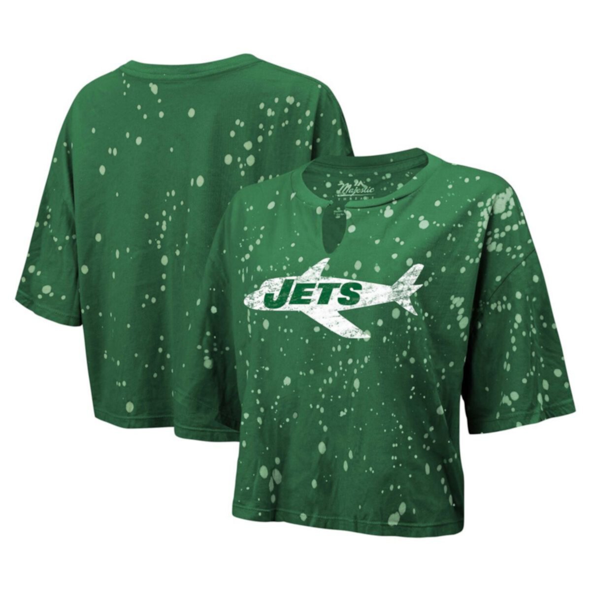 Женская укороченная футболка New York Jets от Majestic с вырезом и эффектом разбрызгивания Majestic