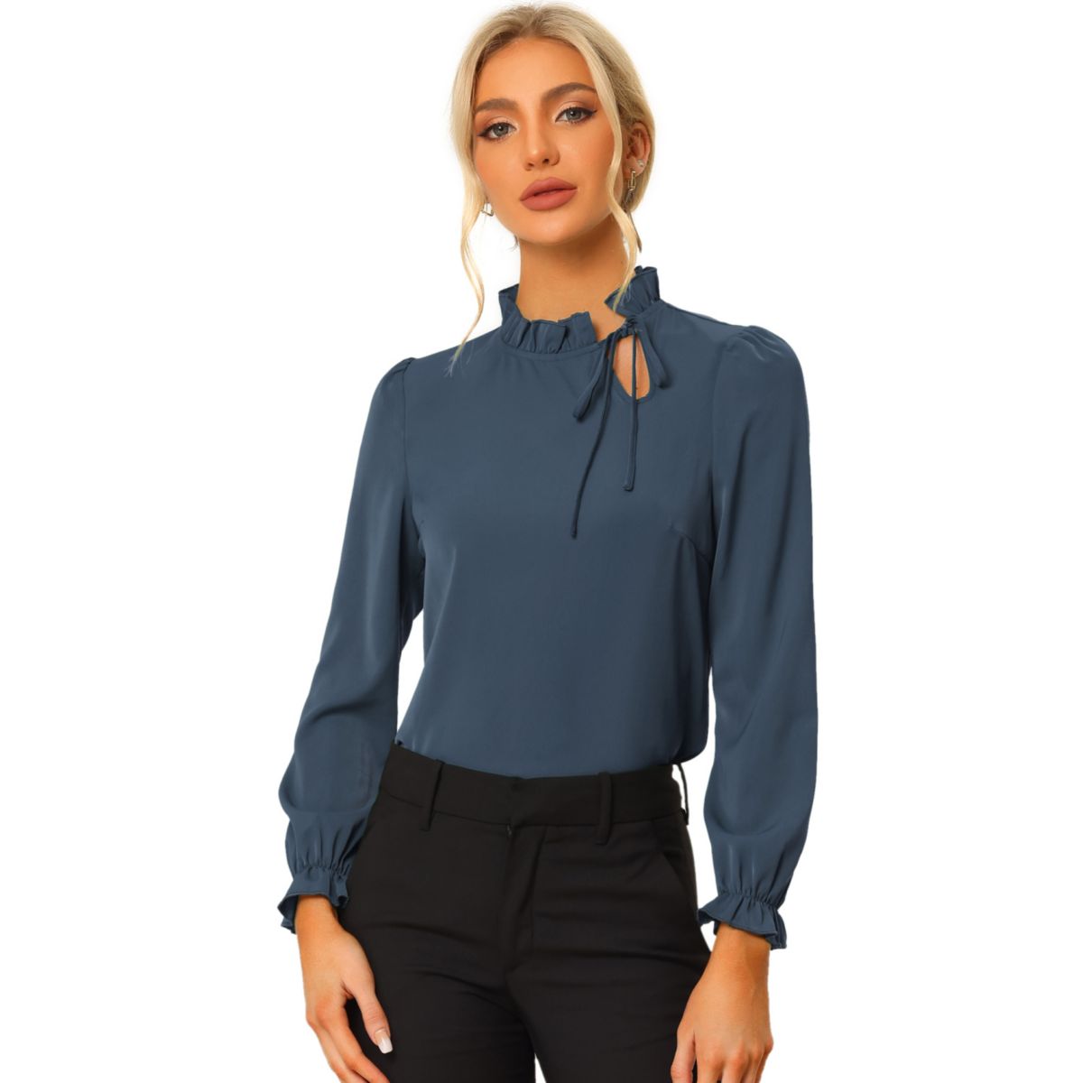 Женская элегантная блузка с длинным рукавом, деловой топ с рюшами и завязками на шее ALLEGRA K