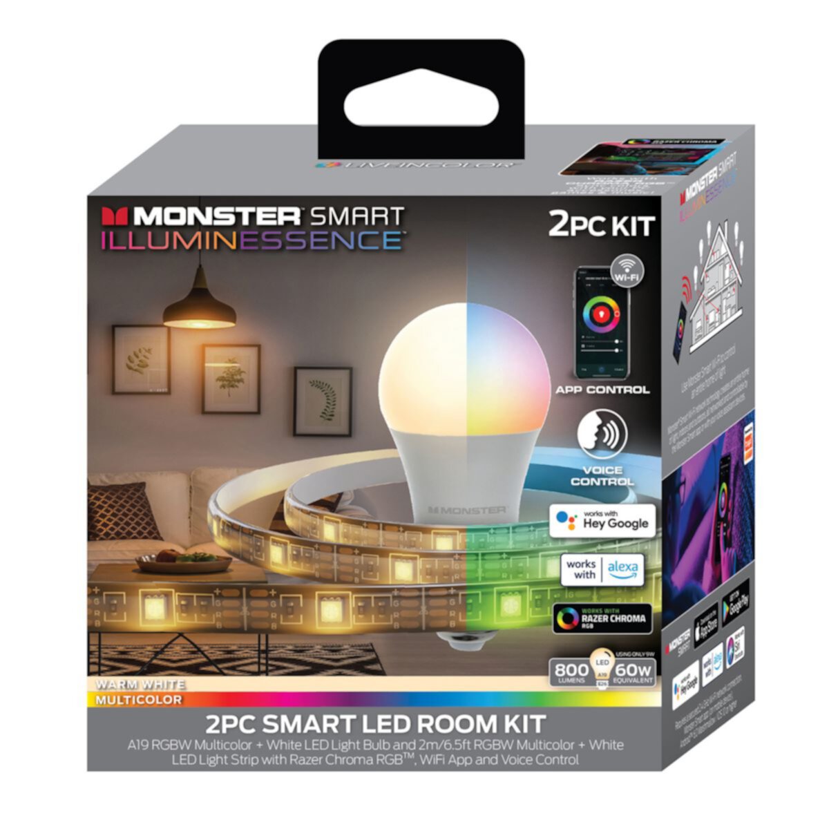 Monster 32.8-ft. Mobile App Controlled Smart Outdoor LED Light Strip & Light Bulb 2-pc. Set Monster