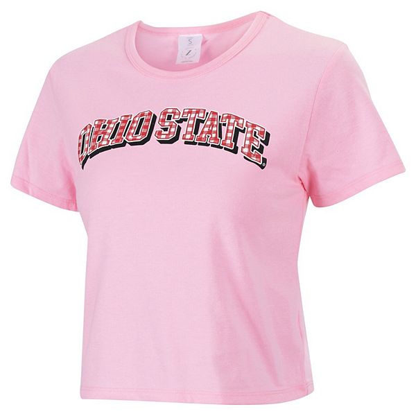 Women's ZooZatz Pink Ohio State Buckeyes Gingham Logo Cropped T-Shirt ZooZatz