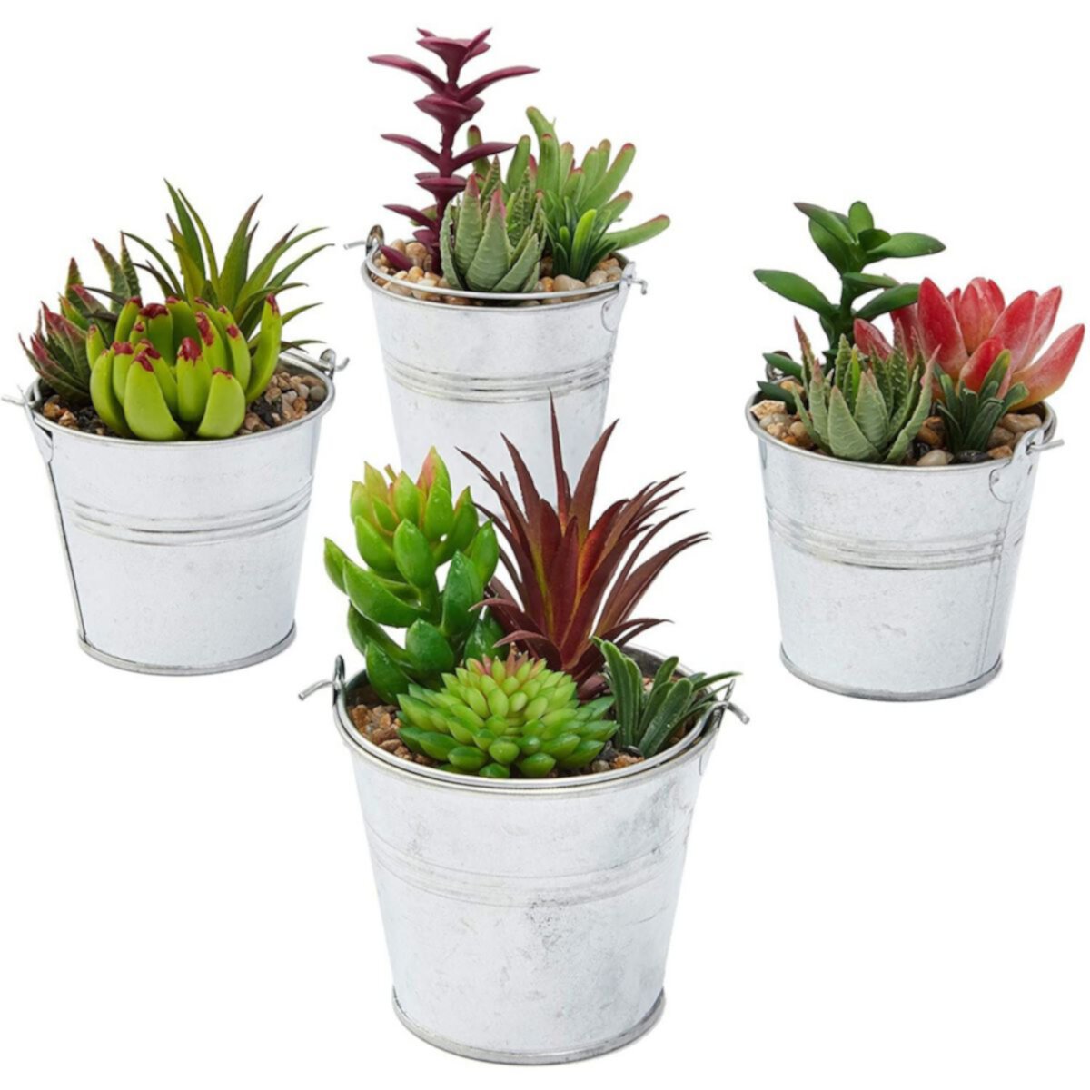 Juvale 4 Pack Artificial Succulents, 6.5 inch Colorful Fake Cactus Plants with Iron Bucket Juvale