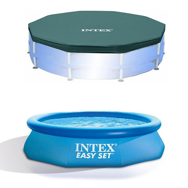 Intex 10ft Round Swimming Pool Cover & Easy Set 10ft x 30in Inflatable Pool Intex