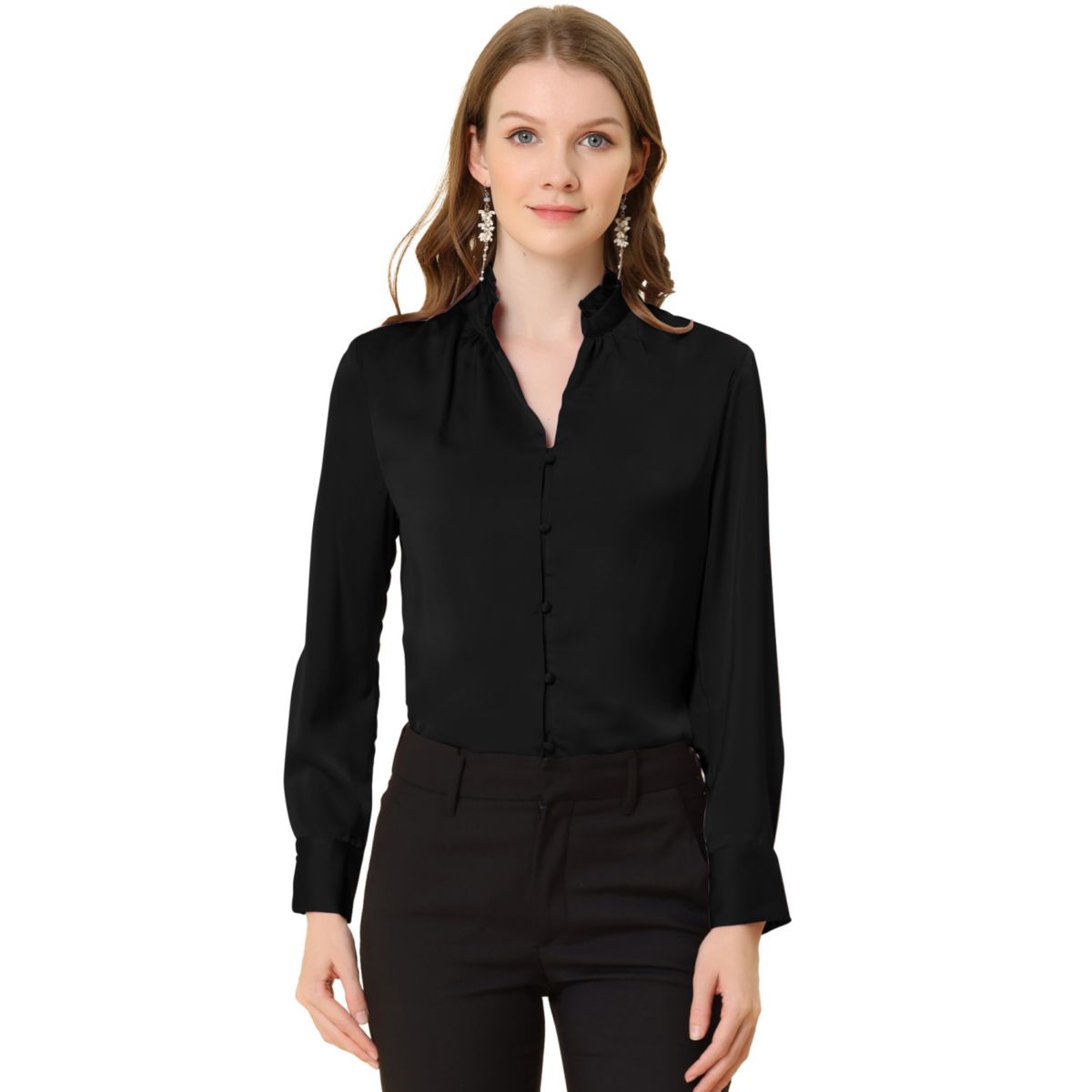 Женская рубашка с воротником-стойкой и рюшами, элегантная атласная блузка с длинными рукавами и пуговицами ALLEGRA K
