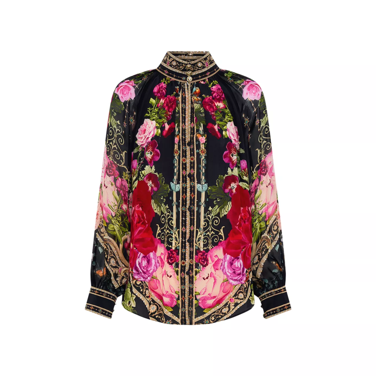 Floral Silk Long-Sleeve Shirt Camilla