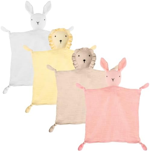 Tudomro 4 Pcs Organic Cotton Muslin Lovey Blanket Muslin Loveys for Babies, Bunny Lion Soft Breathable Security Blanket Lovies for Babies, Baby Gifts for Boys Girls (Gray, Khaki, Dark Green, Teal) Tudomro